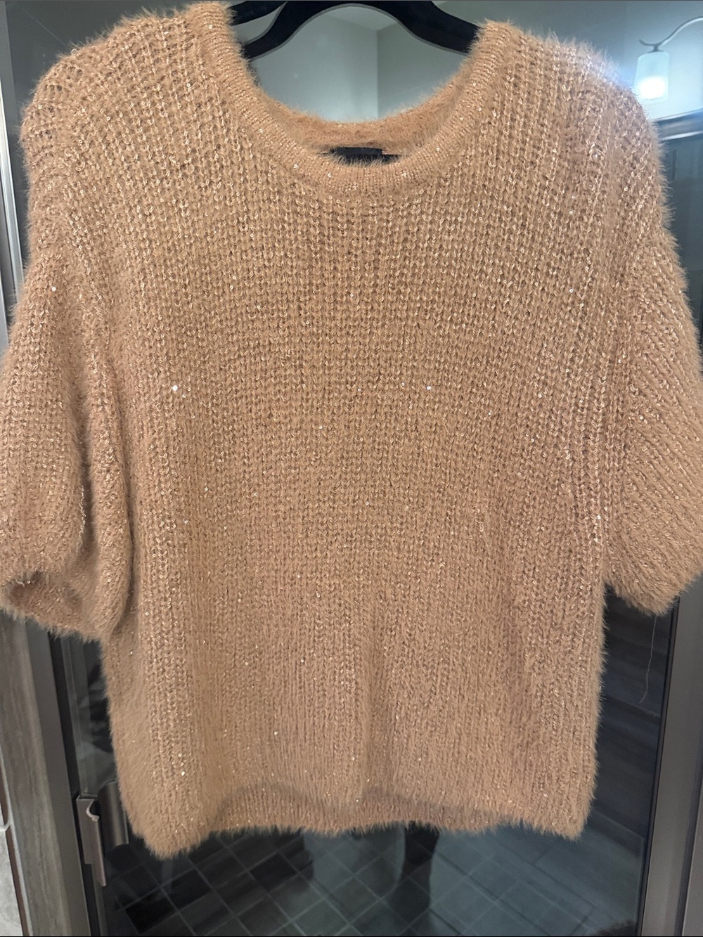Express Short-Sleeve Crewneck Sweater in Camel